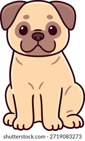 Cute cartoon pug sitting. Simple drawing, vector clip art illustration. 