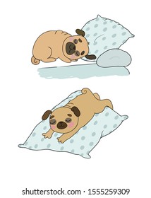 A cute cartoon pug is sleeping on a pillow. Funny dog