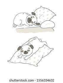 A cute cartoon pug is sleeping on a pillow. Funny dog