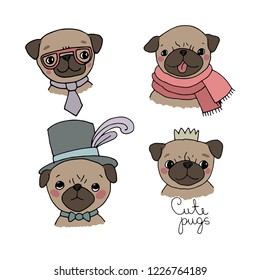 Cute Cartoon Pug. small dog. isolated objects on white background. Vector illustration.