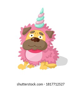 Cute cartoon pug in a unicorn costume. Vector illustration isolated on white background.