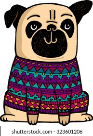 A cute cartoon Pug wearing a colorful jersey or jumper. Vector doodle.