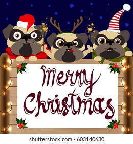 Cute cartoon pugs in Christmas hats with blank paper for your text. 2018 Chinese New Year of the dog. Christmas greeting card. Vector illustration