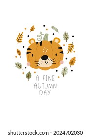 Cute cartoon pumpkin with animal face. Halloween party decor for children. Cute tiger and hand drawn lettering quote 