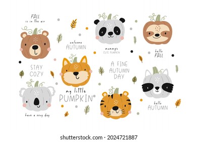 Cute cartoon pumpkin with animal face. Halloween party decor for children. Cute fox, bear, koala, sloth, tiger, panda, raccoon and hand drawn lettering quote