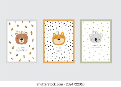 Cute cartoon pumpkin with animal face. Halloween party decor for children. Cute fox, bear, koala