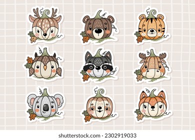 Calabaza De Dibujo Con Pegatinas De Cara Animal. Ilustración de esquema para niños. Decoración de fiesta de otoño para los niños. zorro, oso, koala, pereza, tigre, búho, mapache, alce, ciervo