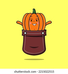 Cute cartoon Pumpkin character coming out from pocket look so happy