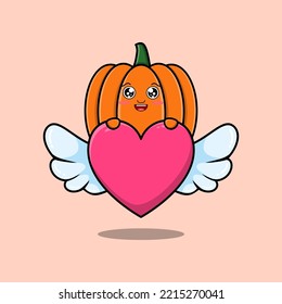 cute cartoon Pumpkin character hiding heart in flat cartoon style illustration