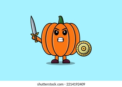 Cute cartoon Pumpkin character holding two sword in 3d modern design illustration