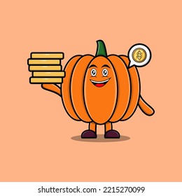 Cute cartoon Pumpkin character holding in stacked gold coin vector illustration