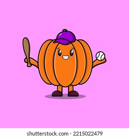 Cute cartoon Pumpkin character playing baseball in modern style design