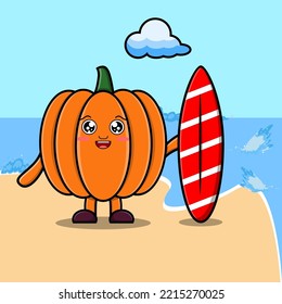 Cute cartoon Pumpkin character playing surfing with surfing board