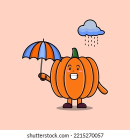 Cute cartoon Pumpkin character in the rain and using an umbrella in flat modern style design