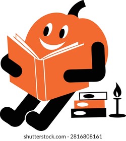 Cute cartoon pumpkin character reading a book with stacked books and a burning candle nearby.