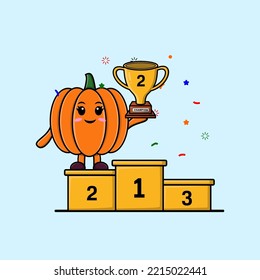 Cute cartoon Pumpkin character as the second winner with happy expression in modern illustration