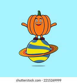 Cute cartoon Pumpkin character standing in planet vector icon illustration