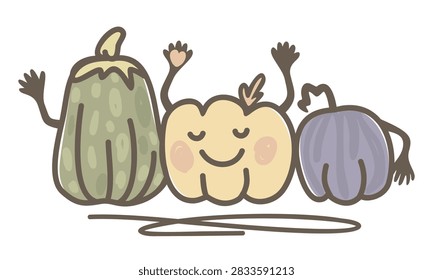 Cute cartoon pumpkin characters set. Funny halloween and thanksgiving squash mascots waving hands. Autumn harvest clip art. Vector illustration isolated on white background.
