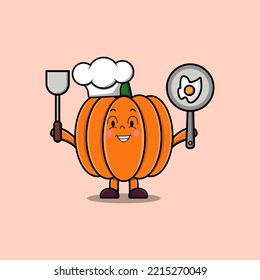 Cute cartoon Pumpkin chef character holding pan and spatula in flat cartoon style illustration