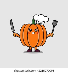 Dibujo lindo Caricatura Caricatura del chef de la Calabaza sosteniendo un cuchillo y un tenedor en una ilustración de estilo de dibujos animados planos