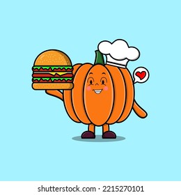 Cute cartoon Pumpkin chef character holding burger in flat cartoon style illustration