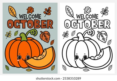 Cute cartoon pumpkin coloring page for kids, Fall coloring pages for kids