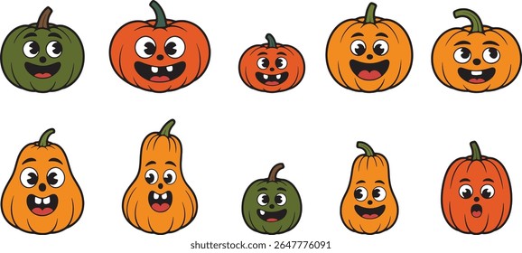Cute Cartoon Pumpkin Faces Set for Autumn and Halloween Designs