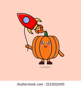 Cute cartoon Pumpkin floating with rocket balloon cartoon vector illustration