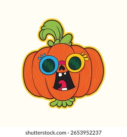 Cute cartoon pumpkin with funny colorful sunglasses perfect for Halloween party design decoration fun character artwork autumn festival poster invitations and seasonal graphics