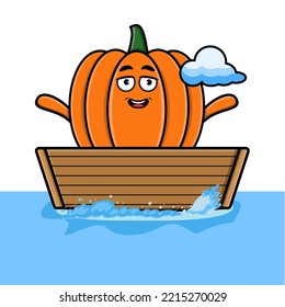 cute cartoon Pumpkin get on boat in vector character illustration