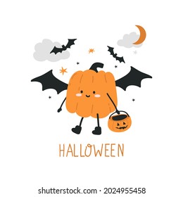 Cute cartoon pumpkin in halloween character costume.  Hand-drawn vector illustration.