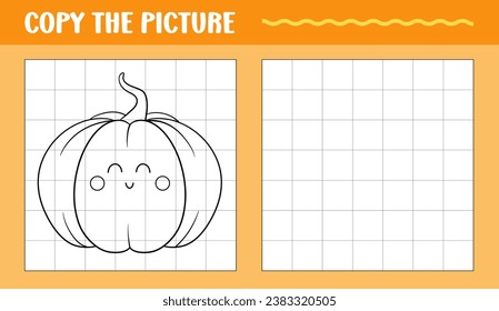 Cute cartoon pumpkin learn to draw educational game. Copy the picture printable worksheet for kids