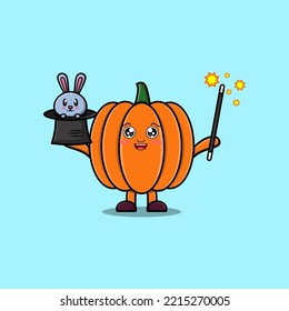 cute cartoon Pumpkin magician character with bunny character coming out from magic hat