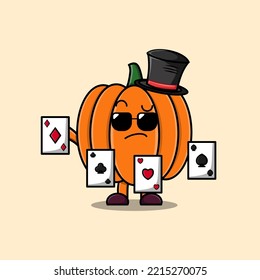 Cute cartoon Pumpkin magician character playing magic cards in flat cartoon style illustration