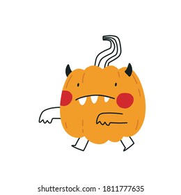 Cute cartoon pumpkin monster. Happy halloween print. Boo