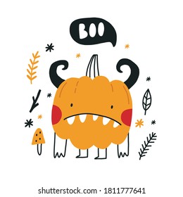Cute cartoon pumpkin monster. Happy halloween print. Boo