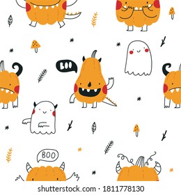 Cute cartoon pumpkin monster. Happy halloween seamless pattern. Boo