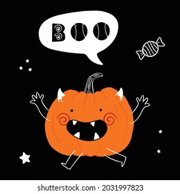 Cute cartoon pumpkin monster. Happy halloween print. Set of Halloween elements. Boo