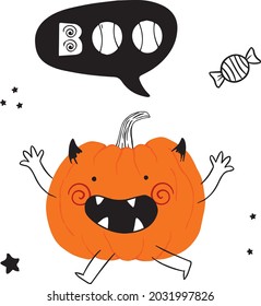 Cute cartoon pumpkin monster. Happy halloween print. Set of Halloween elements. Boo