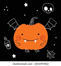 Cute cartoon pumpkin monster. Happy halloween print. Set of Halloween elements. Boo