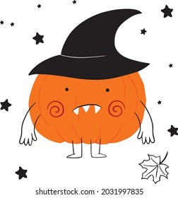 Cute cartoon pumpkin monster. Happy halloween print. Set of Halloween elements. Boo