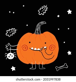 Cute cartoon pumpkin monster. Happy halloween print. Set of Halloween elements. Boo