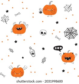 Cute cartoon pumpkin monster. Happy halloween print. Set of Halloween elements. Boo  Pattern 