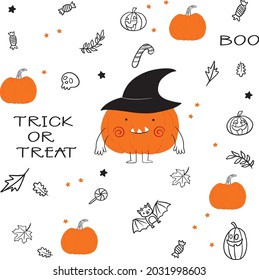 Cute cartoon pumpkin monster. Happy halloween print. Set of Halloween elements. Boo  Pattern 