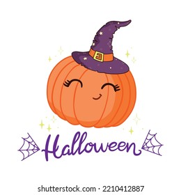 Cute cartoon pumpkin monster. Happy halloween print. Book vector illustration