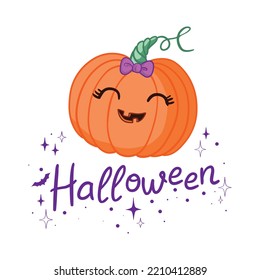 Cute cartoon pumpkin monster. Happy halloween print. Book vector illustration