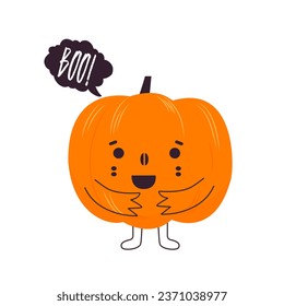 Cute cartoon pumpkin monster. Happy halloween print. Boo Halloween. Autumn, Fall. Cute vector card with pumpkins. 