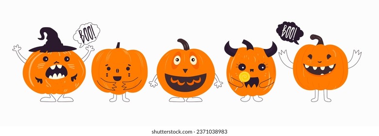 Cute cartoon pumpkin monster. Happy halloween print. Boo Halloween. Autumn, Fall. Cute vector card with pumpkins. 