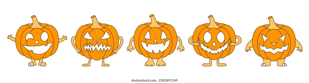 Cute cartoon pumpkin monster. Happy halloween. Set of pumpkins. Vector illustration.