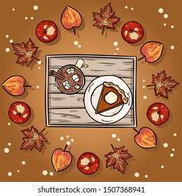 Cute cartoon pumpkin pie slice and cacao hot chocolate in a wreath of autumn leaves illustration. Fall harvest postcard